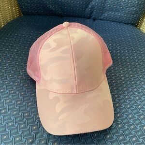 New, Pink Camo Mesh Trucker Hat with Ponytail opening.